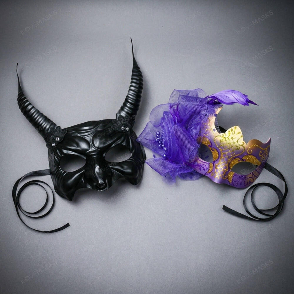 Black Devil Horn Demon Mask & Purple Tulle Glitter Masquerade Couple Mask Set